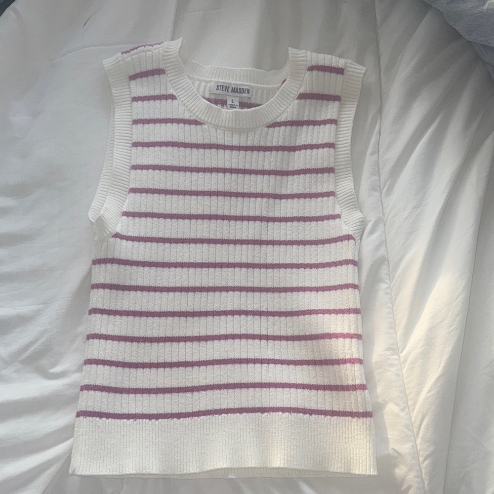 Steve Madden White Sleeveless Ribbed Tank with Lavender Stripes